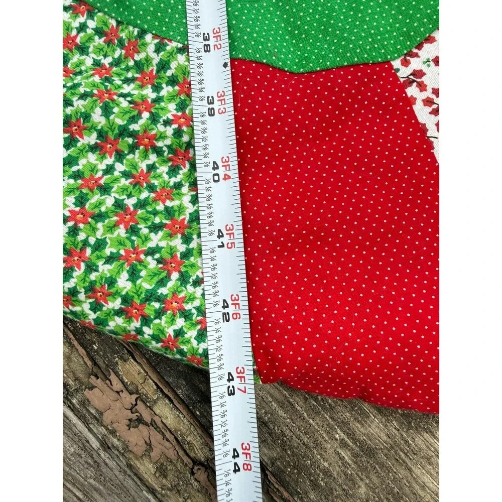 Handmade Christmas Patchwork Quilted Festive Red Green Tree Skirt 43”
